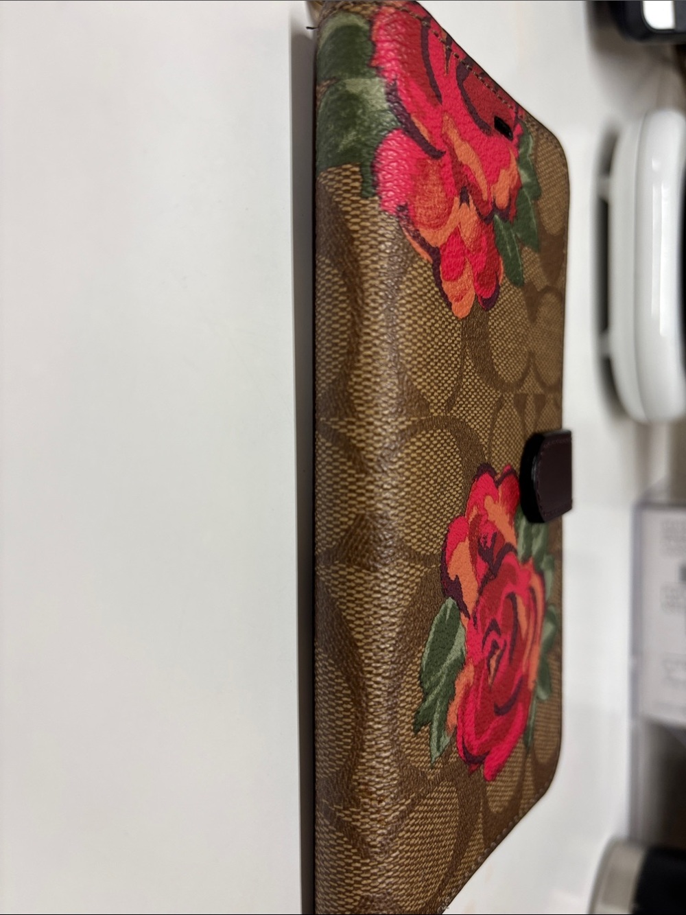 Coach Brown Signature Canvas Phone Wallet Case with Red Floral Print - Picture 5 of 10